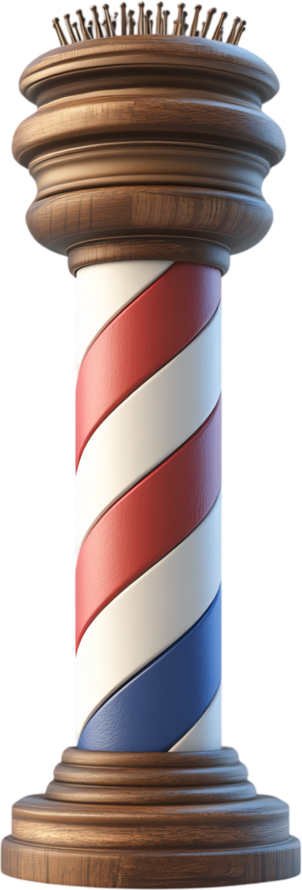 Classic barber pole with a wooden top and base, featuring traditional red, white, and blue stripes, symbolizing the grooming profession. png