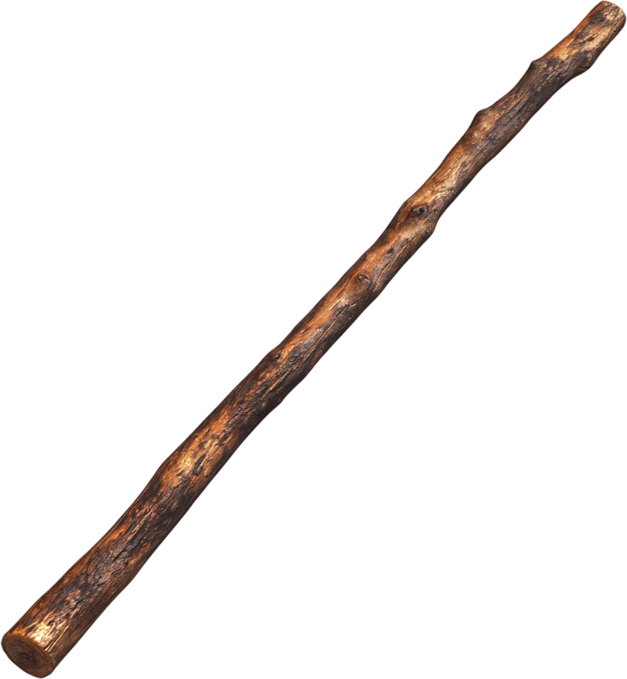 A polished wooden stick rests against a stark black backdrop, highlighting its natural texture and simple form. Great for crafts, hikes, or decor. png