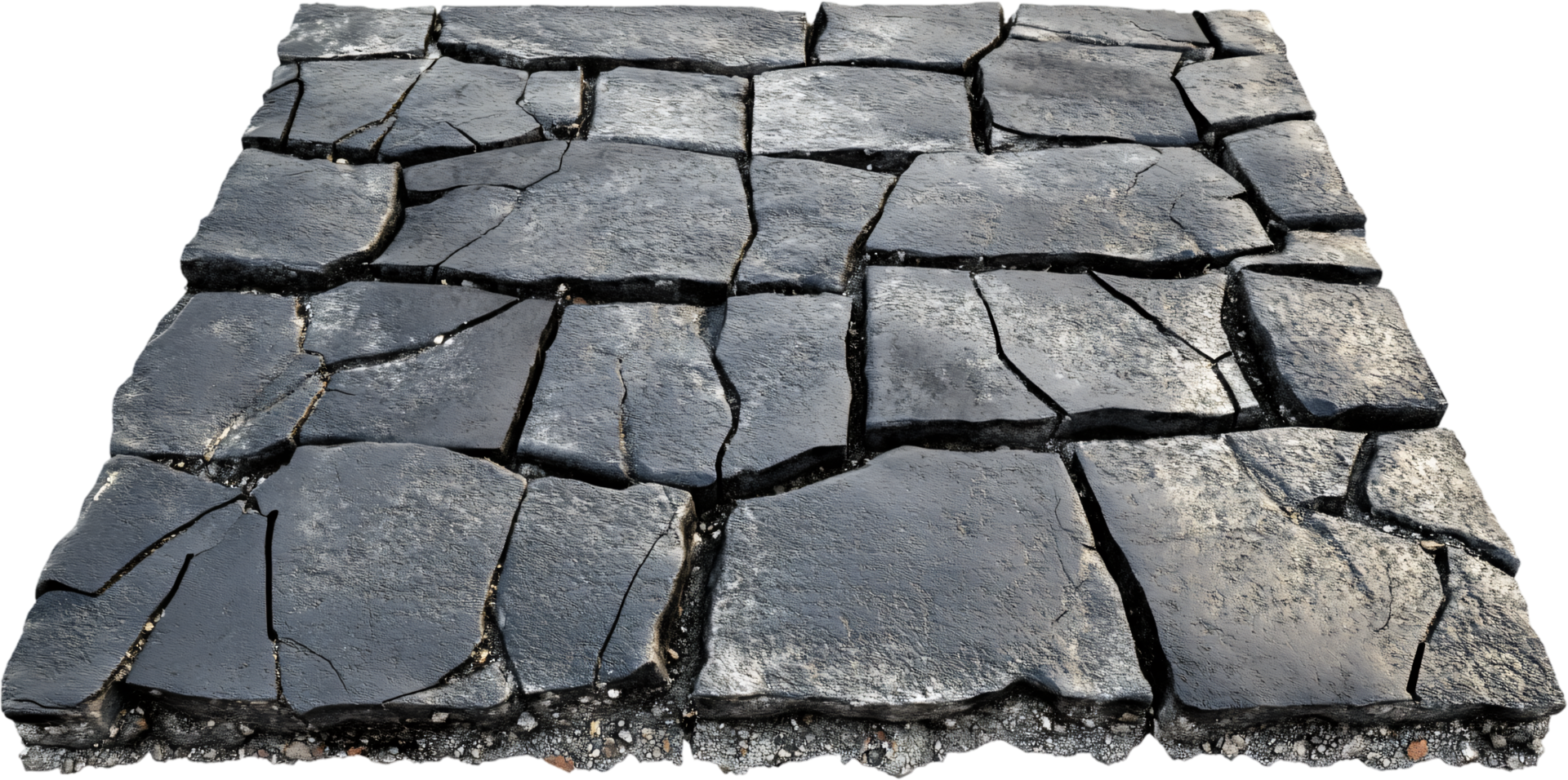 An overhead view of broken asphalt, revealing the granular base layer. Cracks create a textured, geometric pattern on a black backdrop. png