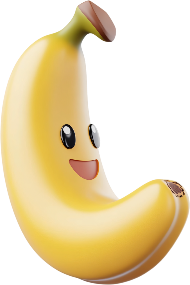 Cheerful banana character rendered in 3D with big eyes and a wide smile, set against a plain black background. png