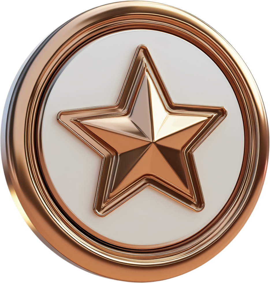 A gold star emblem set on a white base, encircled by a gold ring, symbolizing achievement, quality, or recognition in a sleek design. png