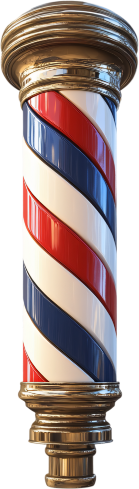 Classic barber pole featuring red, white, and blue stripes on a cylindrical shape, topped with a golden ornate design at the top and bottom. png