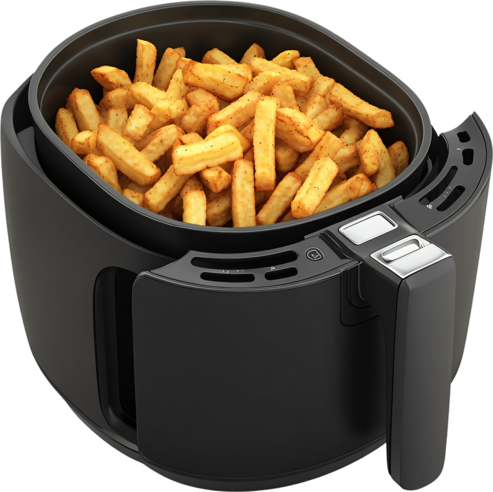 Air fryer filled with golden brown french fries, a quick and easy way to prepare a tasty side dish or snack at home. No brand shown. png