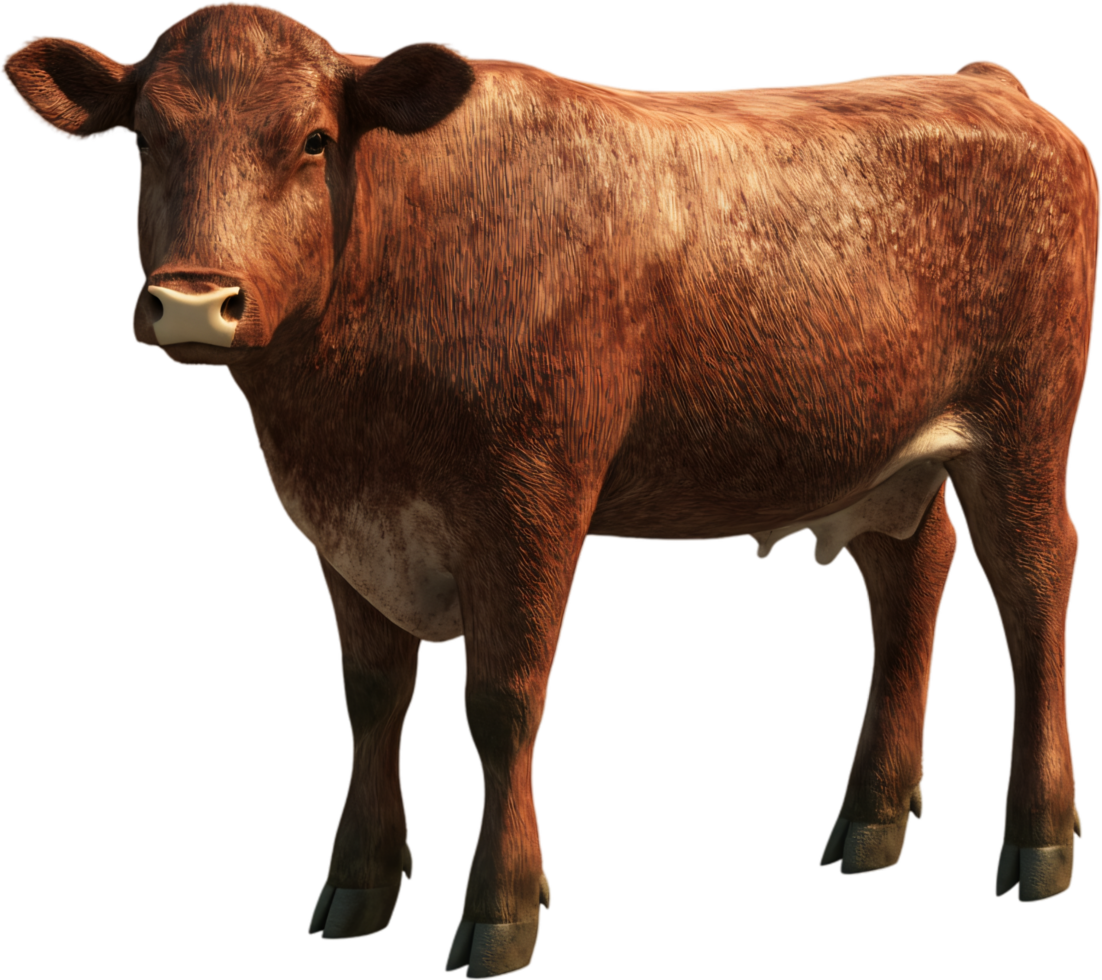 A reddish-brown bovine stands calmly, its textured coat reflecting light, highlighting its gentle features and sturdy build against the dark backdrop. png