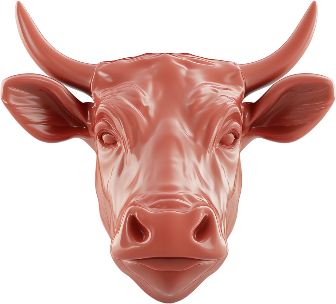 A realistic 3D model of a cow's head with its eyes, ears, horns, and nose is isolated against a black background, exhibiting smooth texture. png