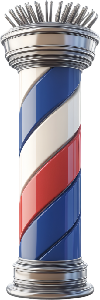 A glossy cylindrical barber pole with red, white, and blue stripes, featuring a silver top and bottom, all set against a plain dark backdrop. png