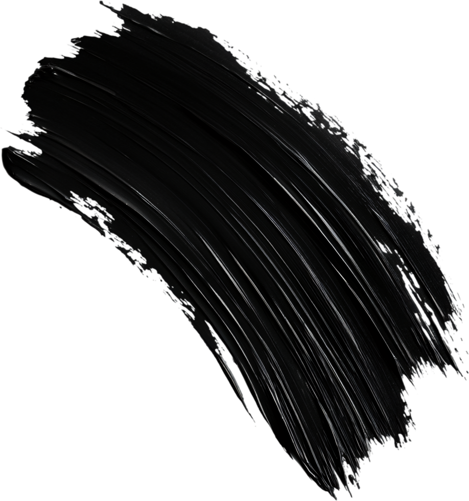 A dramatic swipe of thick, rich black mascara, showing texture and volume, set against a dark backdrop. Perfect for beauty concepts. png