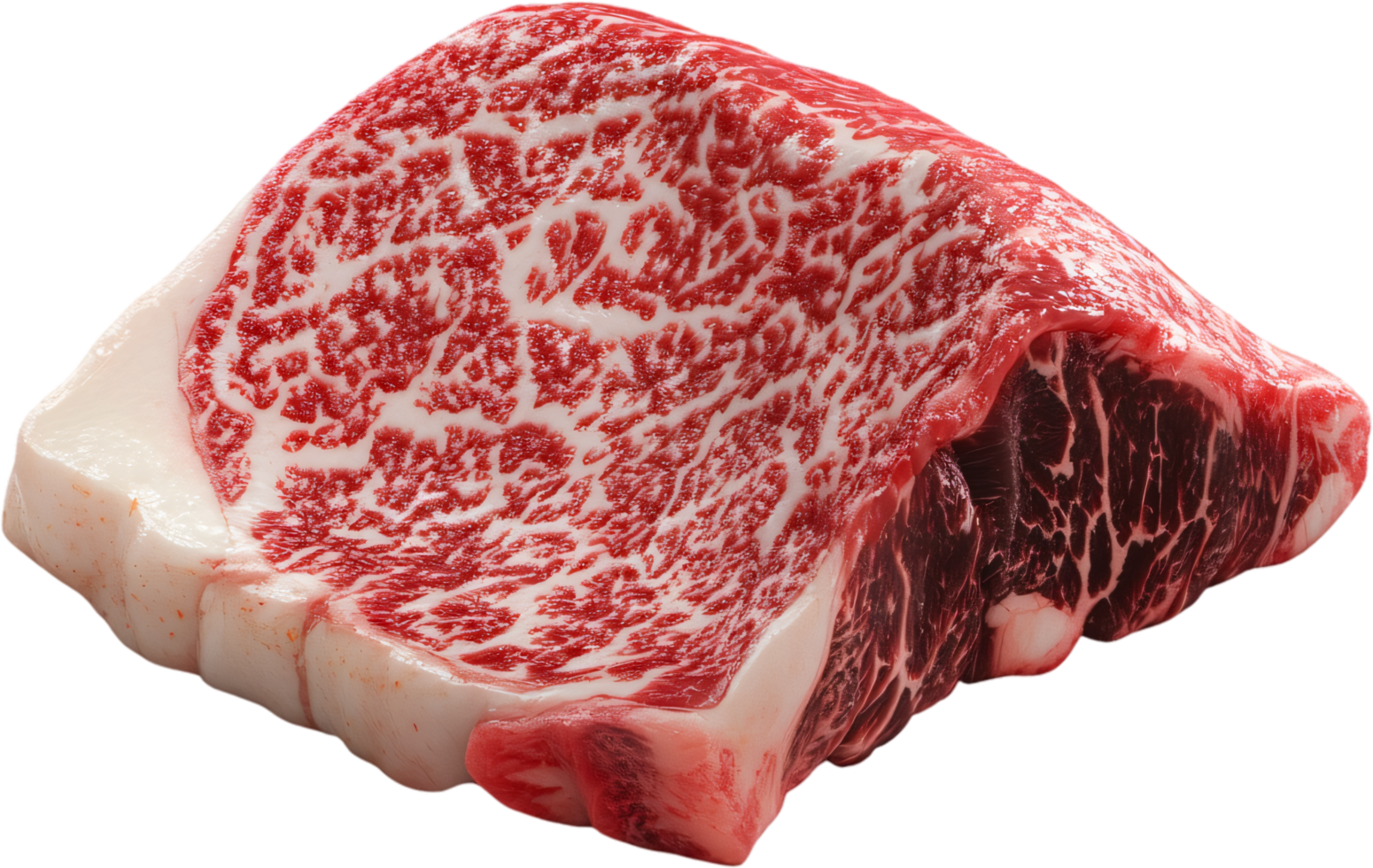 High-quality cut of beef, with intense marbling, visible fat and red meat pattern, perfect for grilling or other cooking methods. png