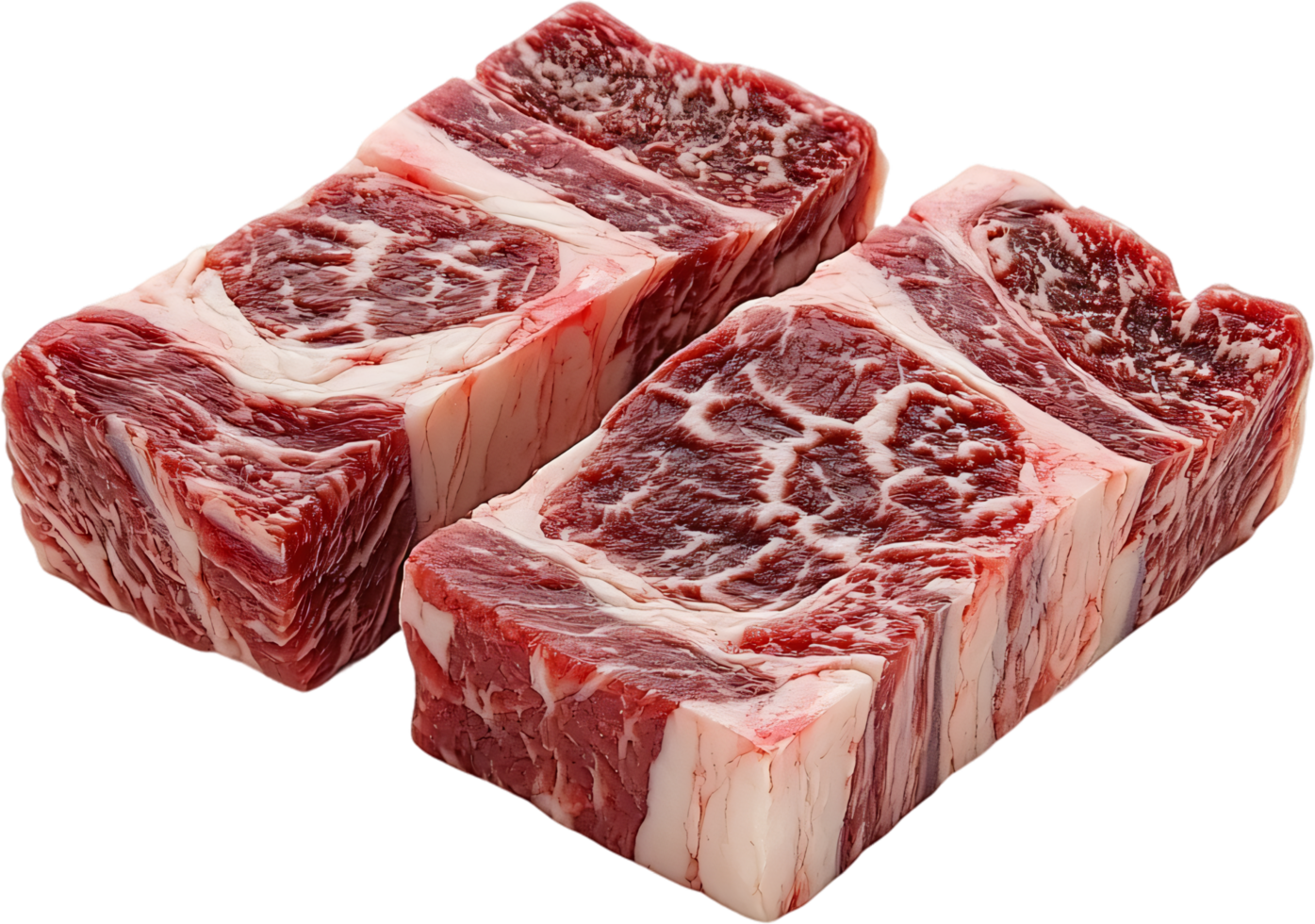 Marbled Ribs, Two succulent, marbled beef short ribs, showcasing rich fat distribution for exceptional flavor and tenderness. png