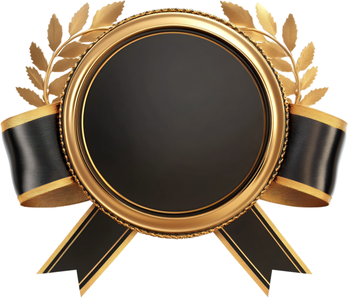 Golden laurel wreath frames a black circle, adorned with black and gold ribbons. A symbol of achievement and timeless elegance. png