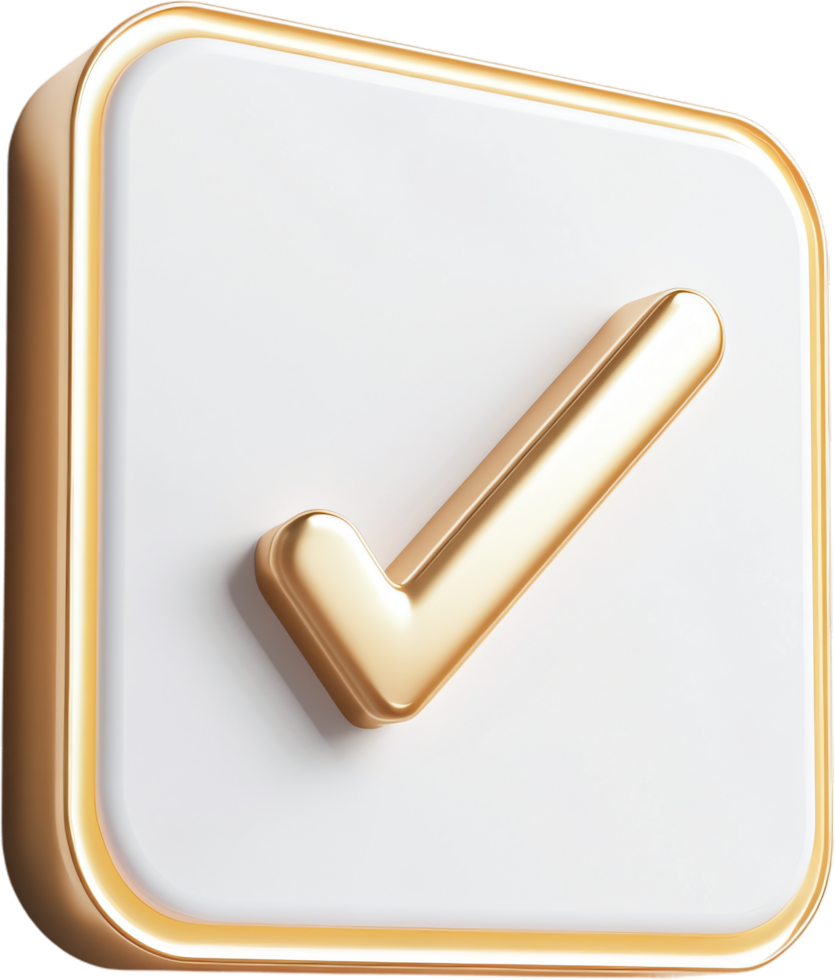 Golden check mark on a white button with a golden border signifies approval, completion, or agreement. Glossy finish adds elegance. png