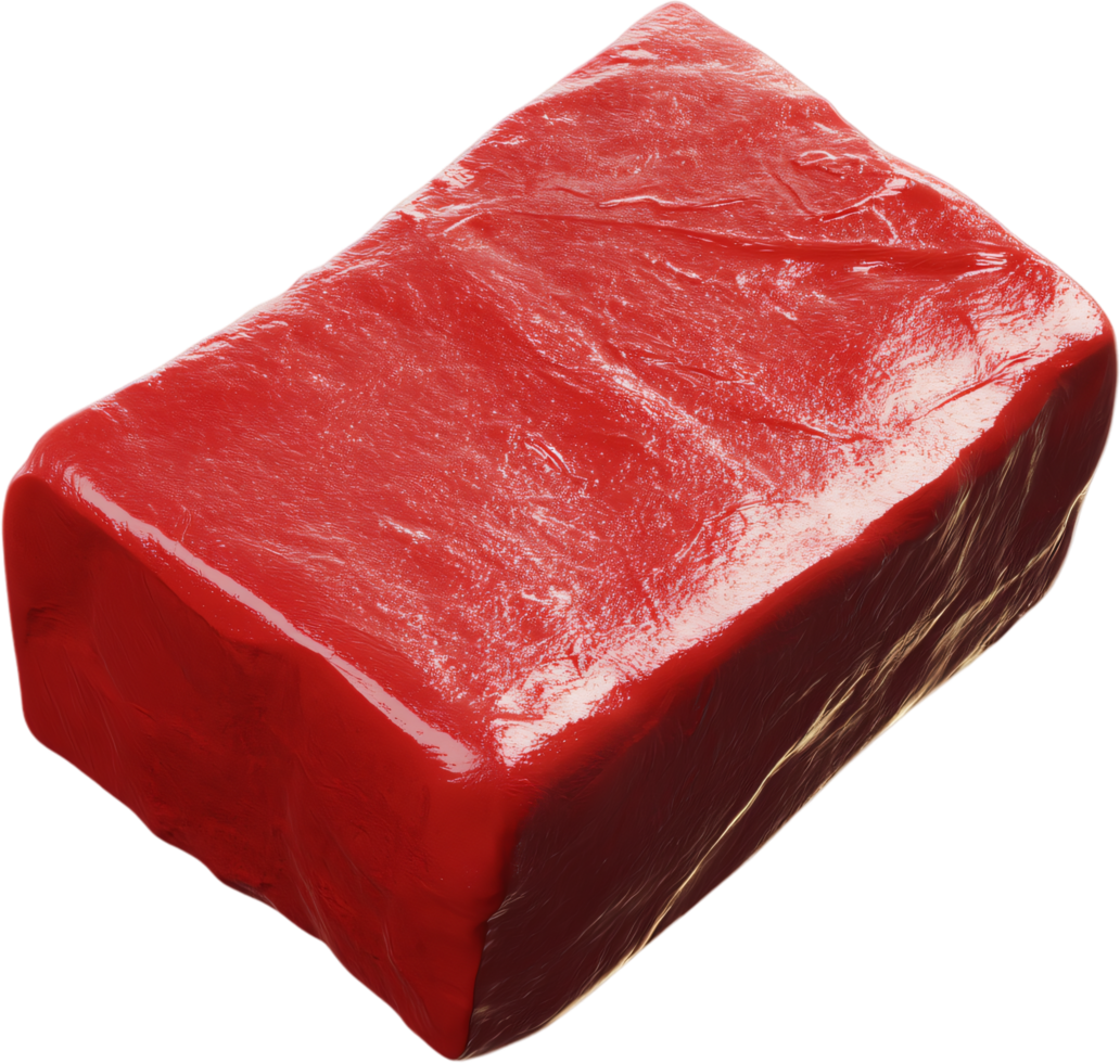 Vivid block of red material, smooth surface with slight imperfections. Rendered with depth and subtle reflections on a dark backdrop. png