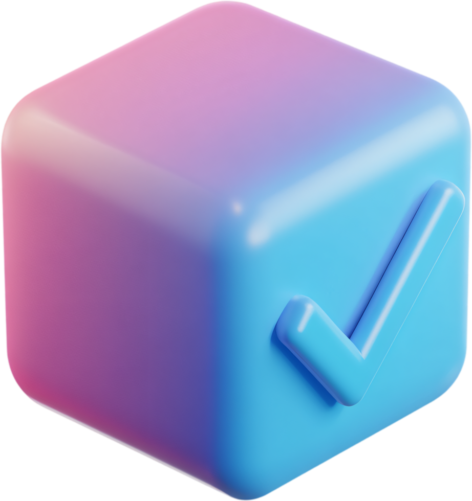 A 3D rendered cube with a checkmark on its side, featuring gradient colors of pink and blue, conveying approval and digital confirmation. png