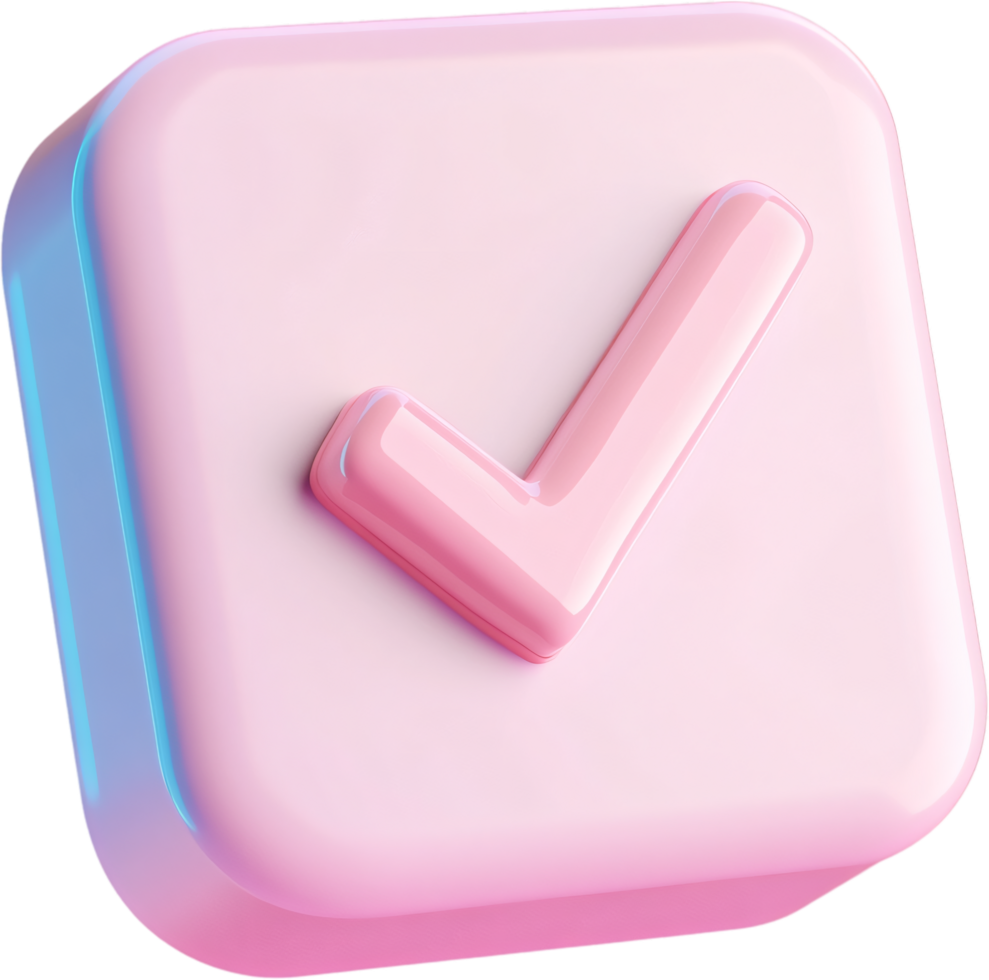 3D render of pink check mark on rounded square. Shiny and bright design element for confirmations, affirmations and verifications. png