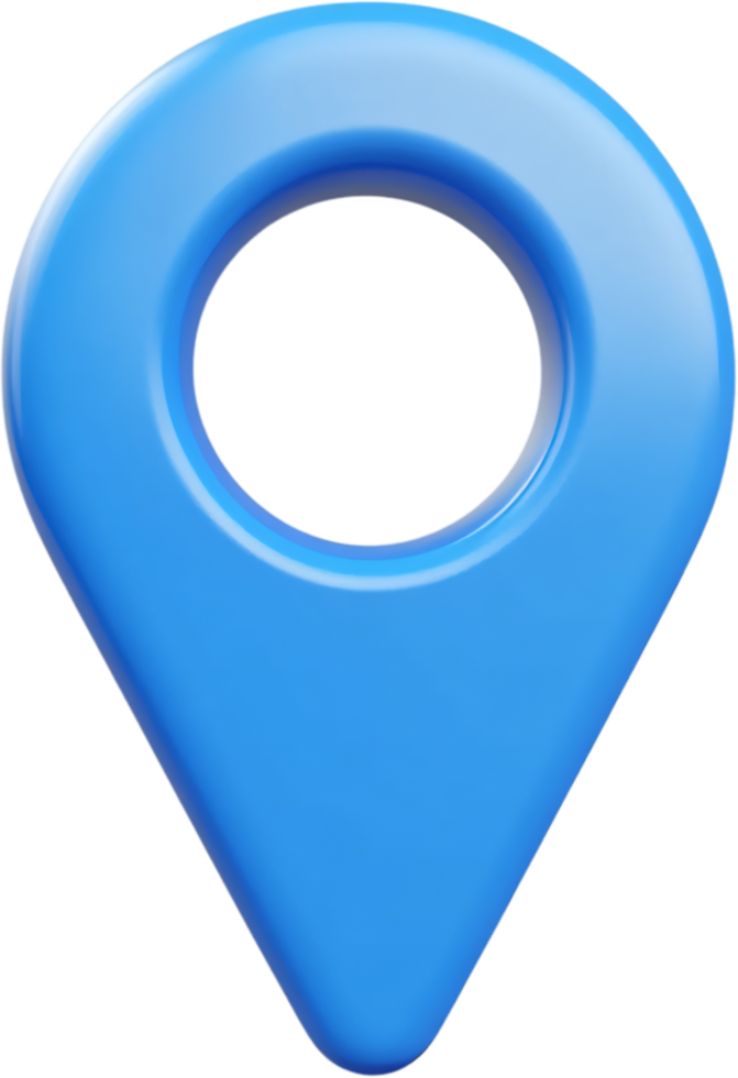 A 3D rendered image of a blue location pin pointing a specific spot on a map, commonly used to represent places or destinations. png