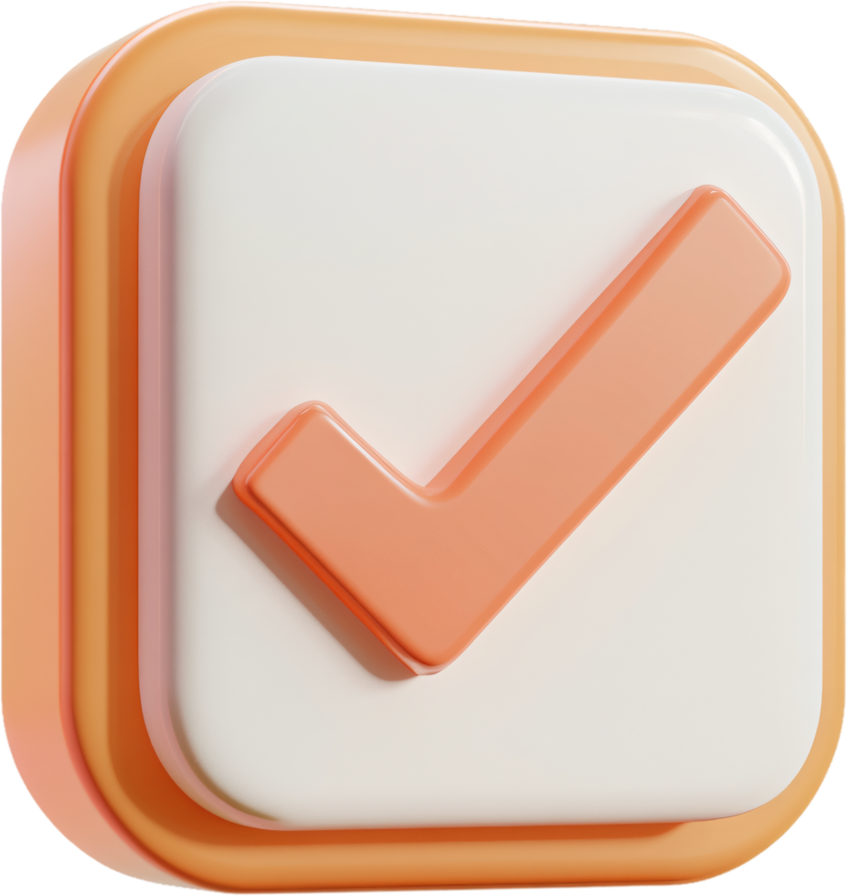 Three-dimensional rendering of a peach-colored check mark inside a white square with peach trim, symbol of approval and task completion. png