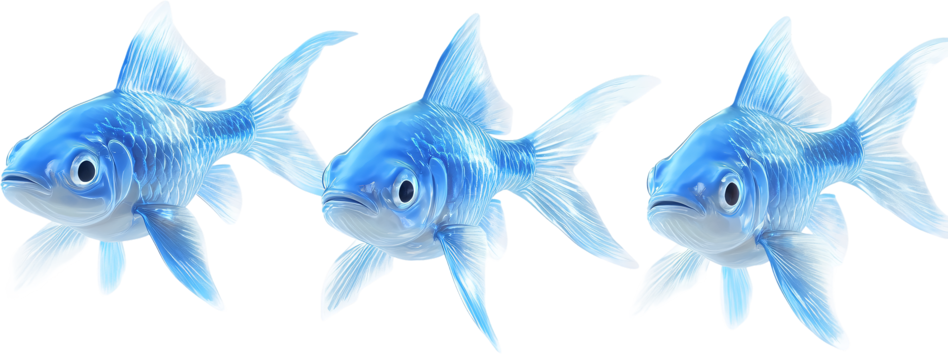 Three blue fish swim together. Their bodies are covered in shimmering scales. The fish have long flowing tails and fins. They appear to be floating. png