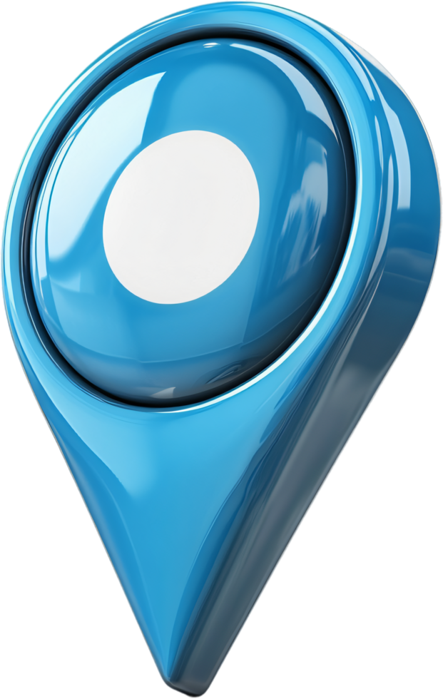 3D rendering of a blue location pointer with a white circle on black background symbolizing location, direction, orientation, navigation. png