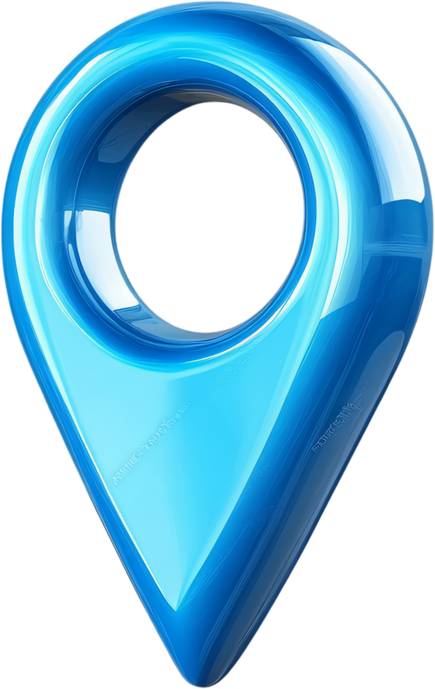 A glossy, translucent blue location pin floats against a stark black background, suggesting destinations, navigation, and modern technology. png