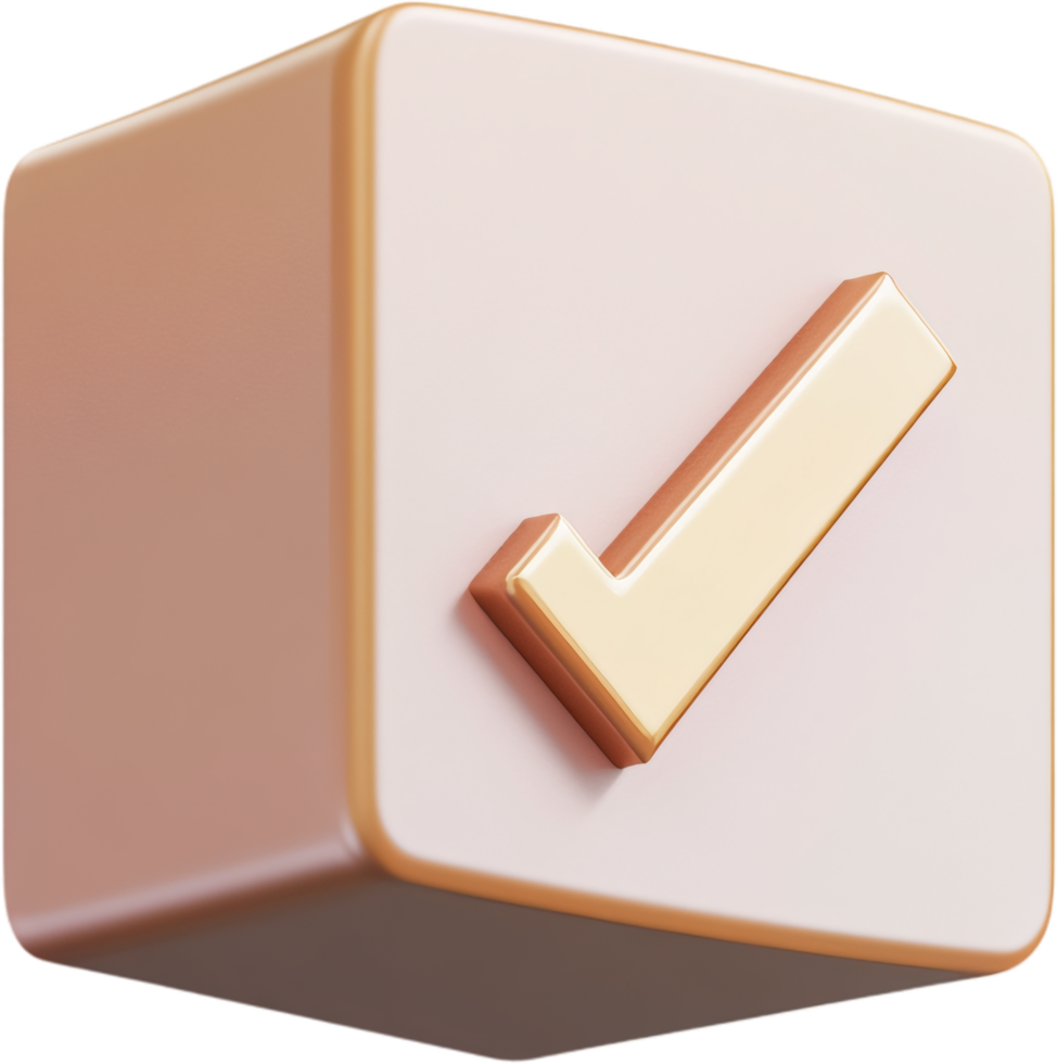 3D rendered image shows golden check mark on a cube with soft rounded edges, symbolizing approval and validation in modern visual design. png