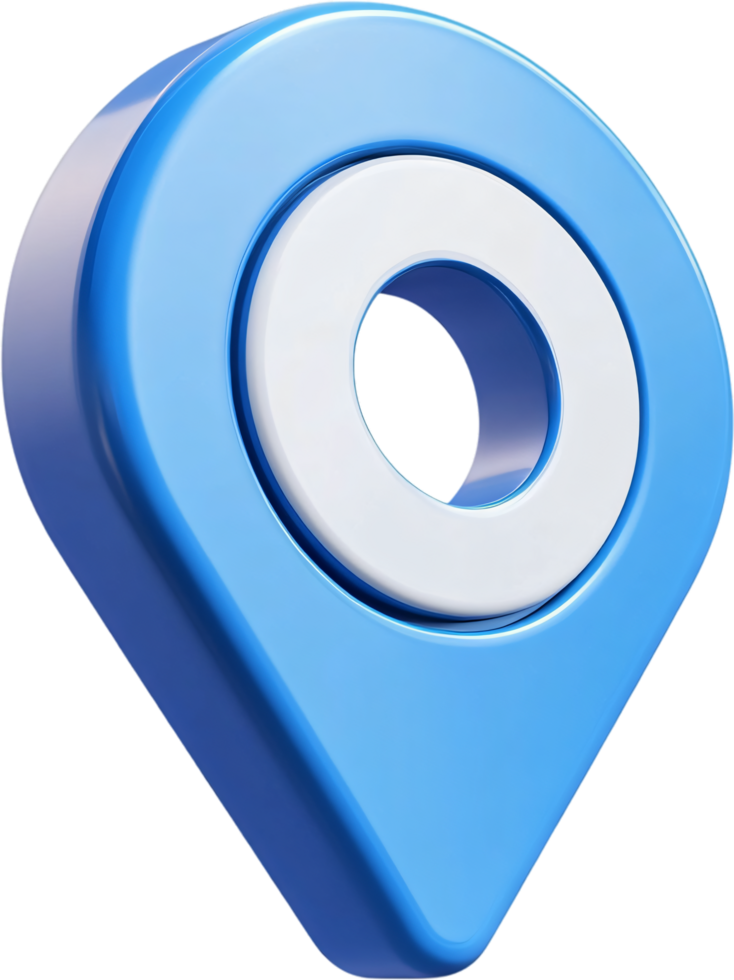 3D rendering of a location pin, the pin is light blue, and the central mark is white, indicating places on maps or destinations. png