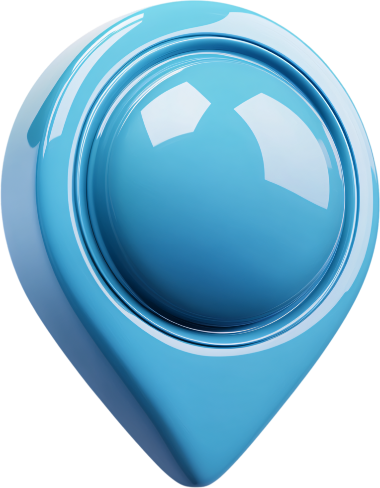 A glossy, three-dimensional map pin in a light blue color with a spherical center, isolated against a dark background. Minimalist design. png