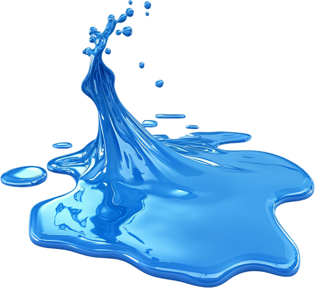 Dynamic water splash suspended in time, with droplets and a vibrant blue hue against a stark black background. Abstract, smooth, liquid. png