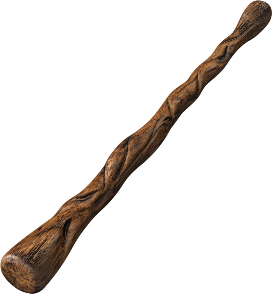 Hand-carved wooden staff with intricate, swirling designs. Dark wood finish adds character and artistry. A sturdy piece for various purposes. png