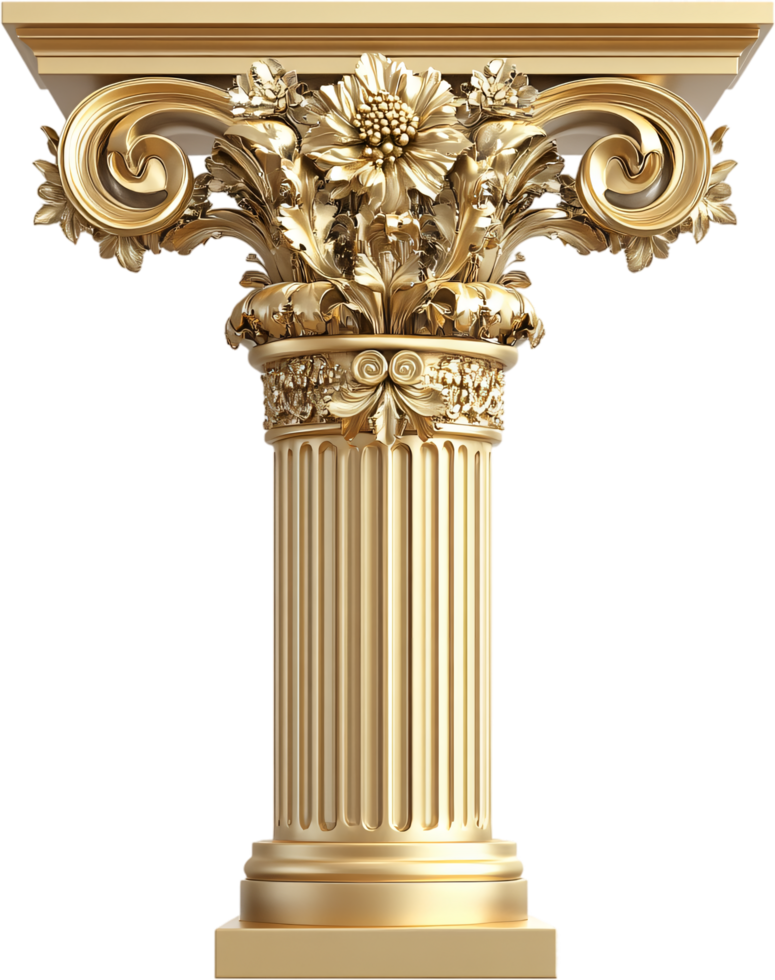 Ornate golden column featuring detailed floral and scroll carvings, isolated against a contrasting dark background. png