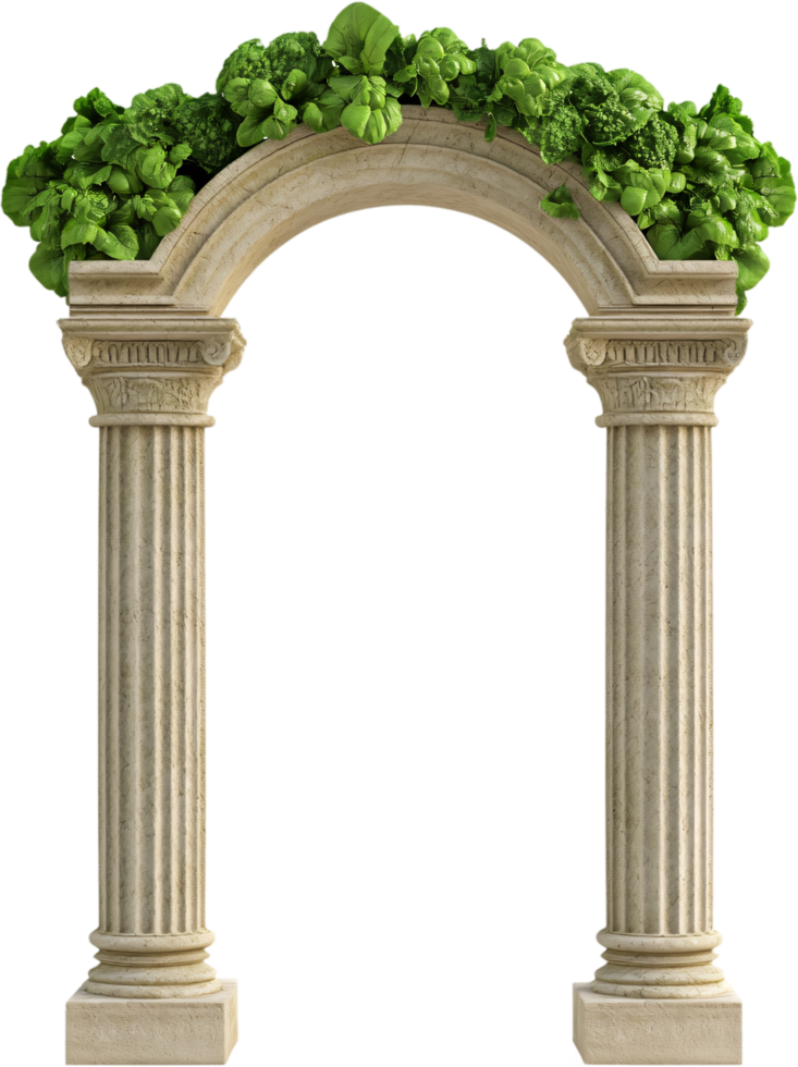 A stone archway supported by fluted columns is adorned with vibrant green plants, creating a blend of classical architecture and nature. png