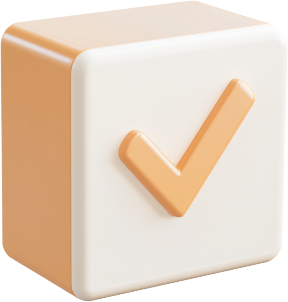 3D render of a white cube featuring a prominent orange check mark, symbolizing completion, approval, or successful task completion. png