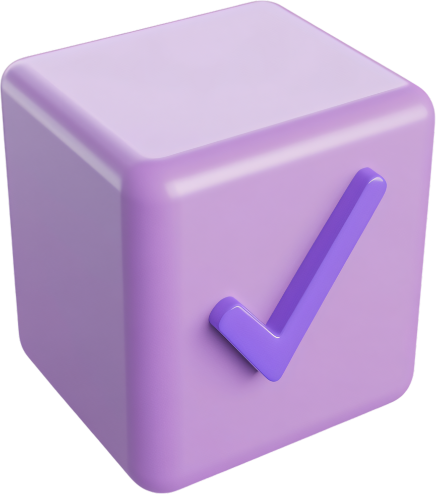 A purple block displaying a tick, signifying acceptance, completion, or confirmation, set against a dark background. Glossy, three dimensional. png