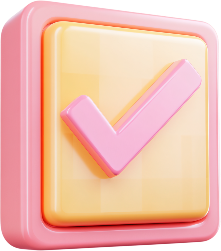 A glossy 3D render showcases a pink check mark icon centered on a square peach colored button, conveying approval and confirmation. png