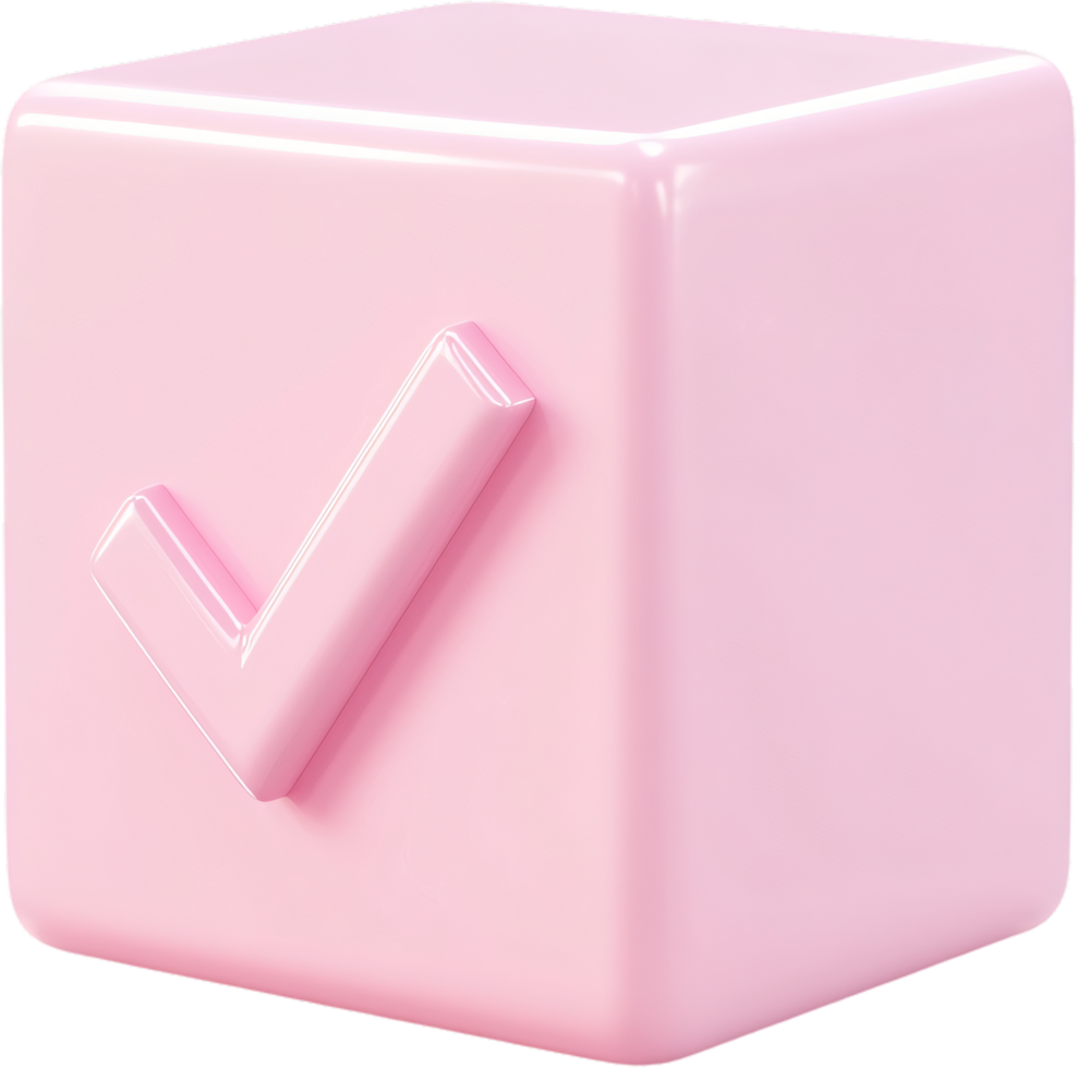 Pink cube with checkmark. Approval, confirmation or validation. The visual symbol of agreement and positive decision concept. png