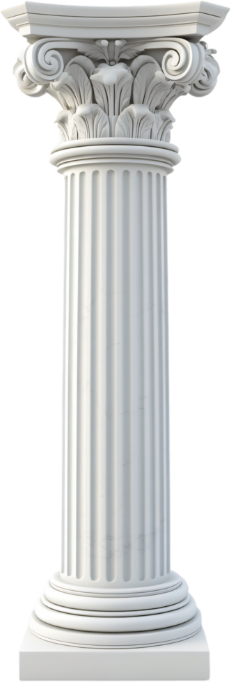 Striking architectural photography showcasing a classical Greek column against a stark black background, emphasizing its fluted shaft and ornate capital. png