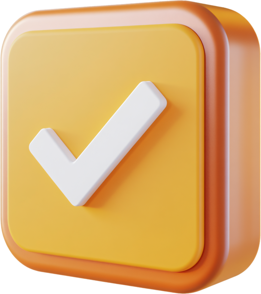 A 3D rendered checkmark inside a rounded yellow square signifies acceptance, completion, or a positive confirmation. png