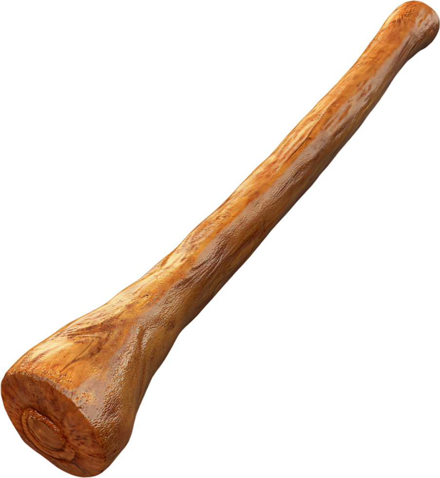 A varnished wooden club with a distinct grain pattern, showcasing a smooth, polished surface ideal for sports or historical reenactments. png