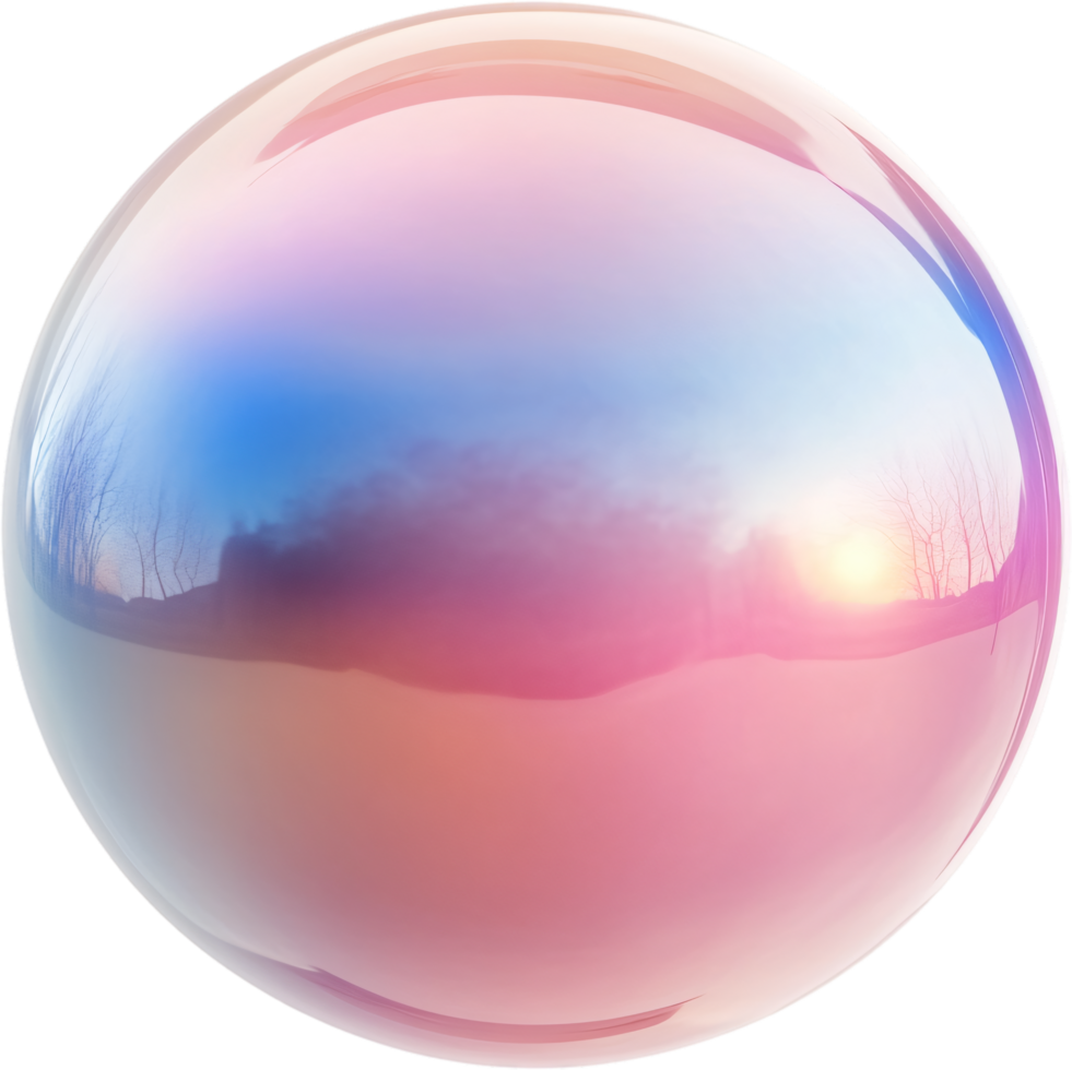 A spherical object with gradient colors displaying a landscape reflection, capturing nature through a glossy, stylized form. png