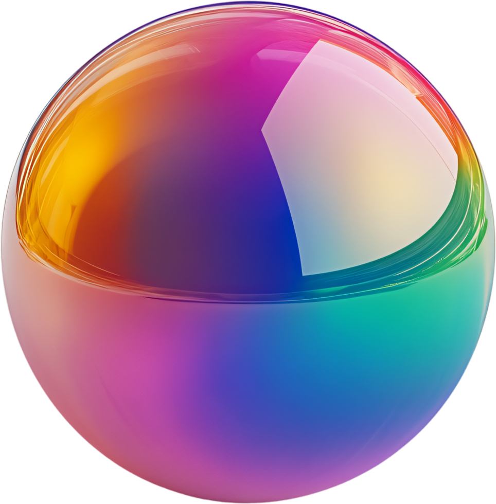 Iridescent orb. Captivating play of light across a smooth, spherical form, blending various colors, showcasing unique reflection and refraction. png
