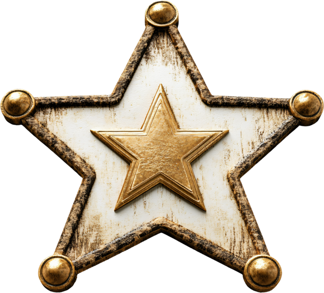 Distressed star badge. Golden star is in the center, rustic outer star. Texture of both gives an antique feel. Neutral color theme. png