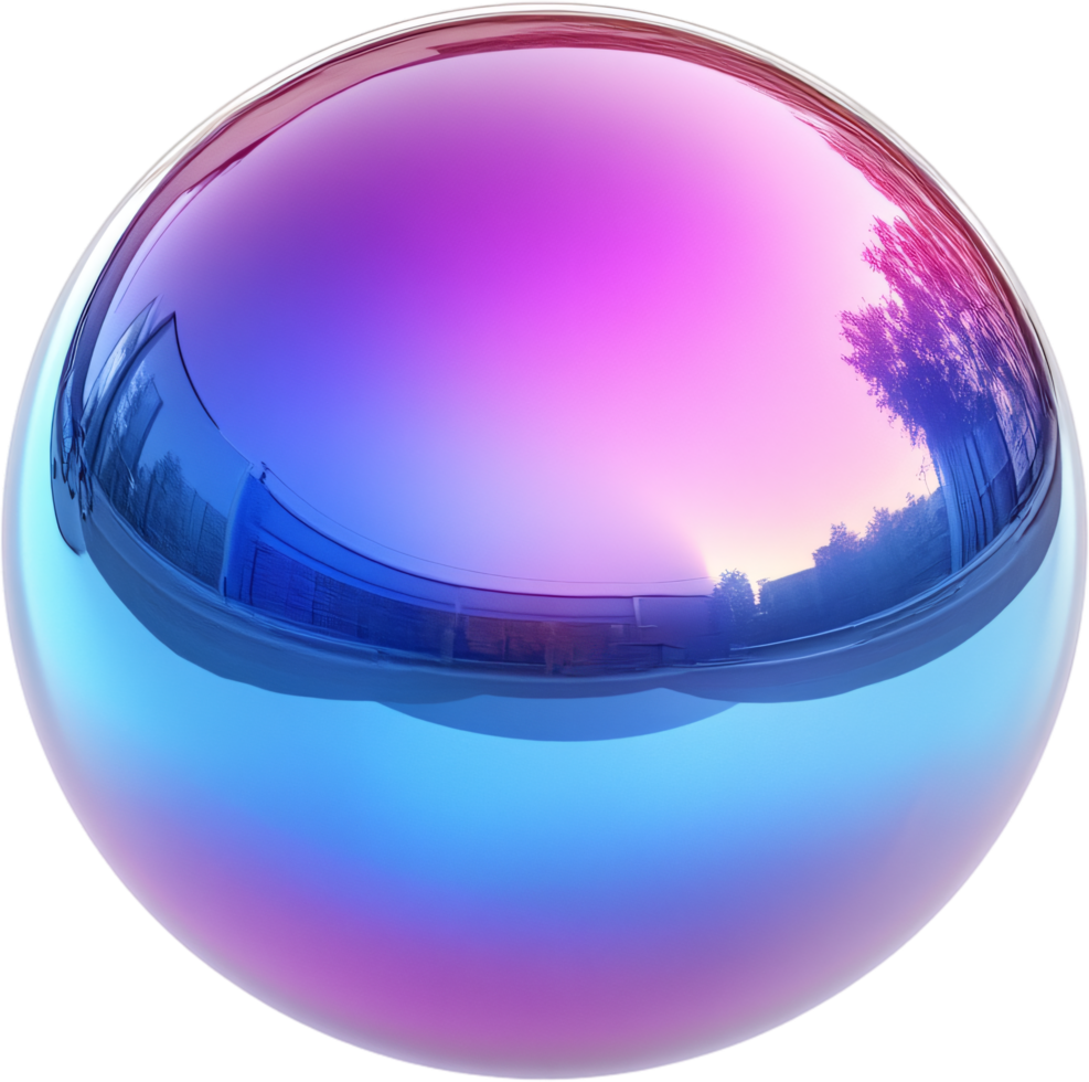 A spherical, highly reflective object showcases a vibrant color gradient with reflected scenery, capturing a surreal and modern aesthetic. png
