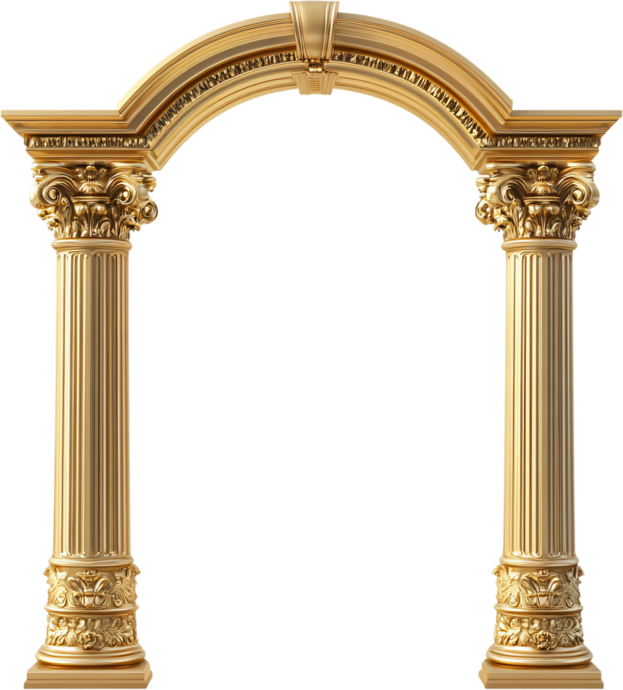 Opulent architectural archway. Golden columns with intricate carvings. Classic design, ideal for elegant portals and timeless spaces. png