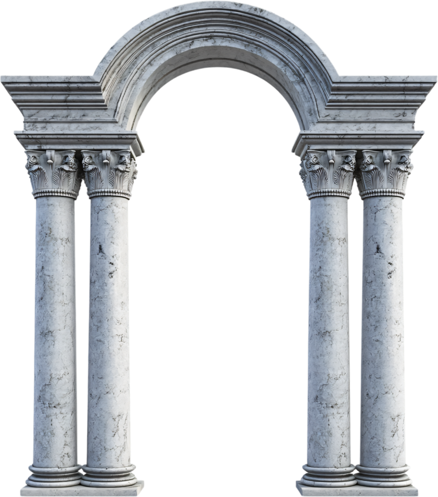 Grand stone archway with intricate detailing and classical design, providing an elegant passageway. Architectural marvel in white marble. png