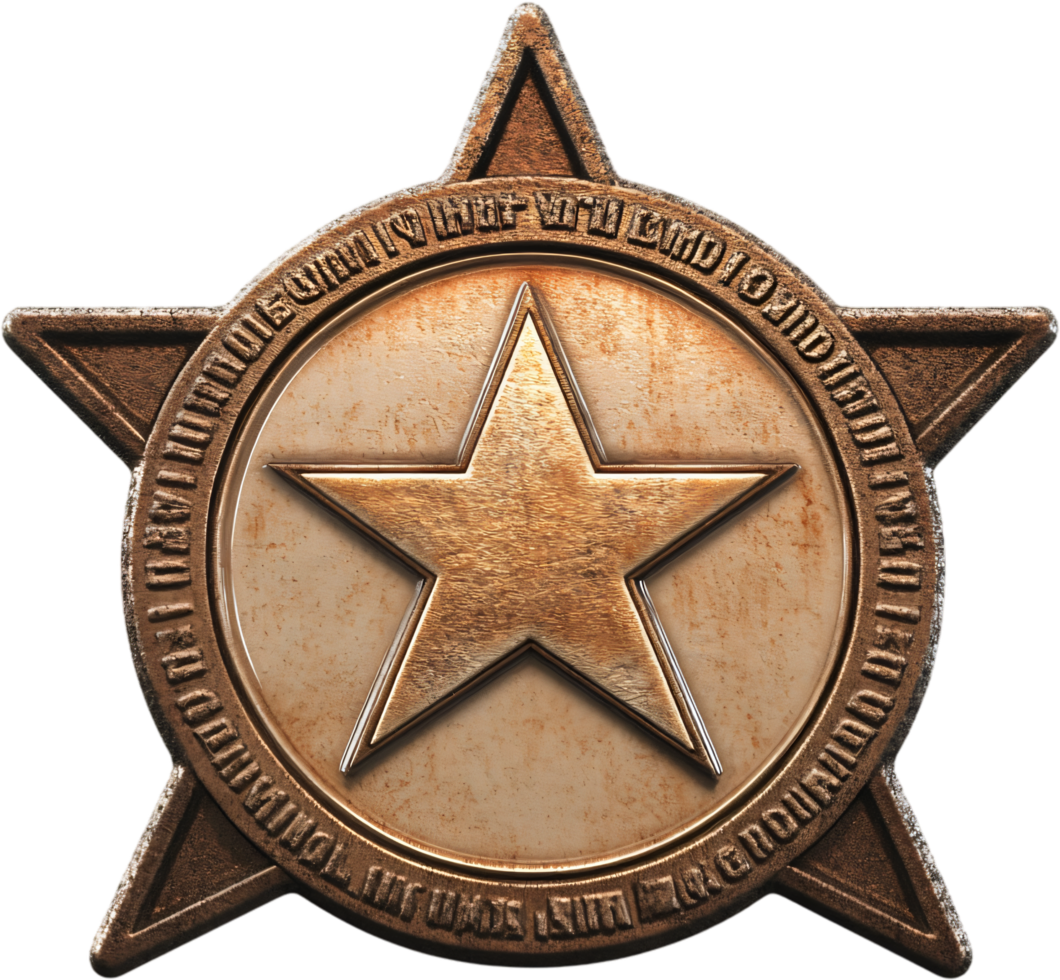 Detailed bronze badge featuring a central star within a circular frame, set against a dark background, showcasing intricate design details. png