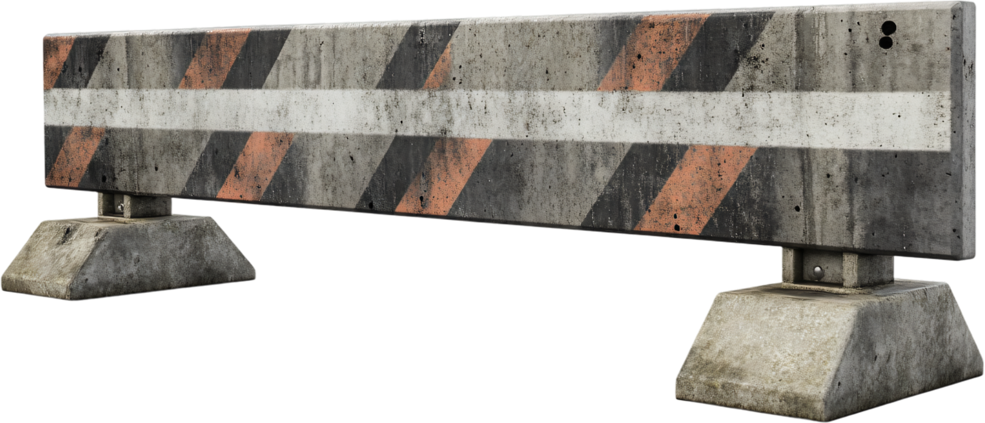 A concrete barrier with black and orange stripes, divided by white stripe, sits firmly on its concrete footing for safety assurance. png