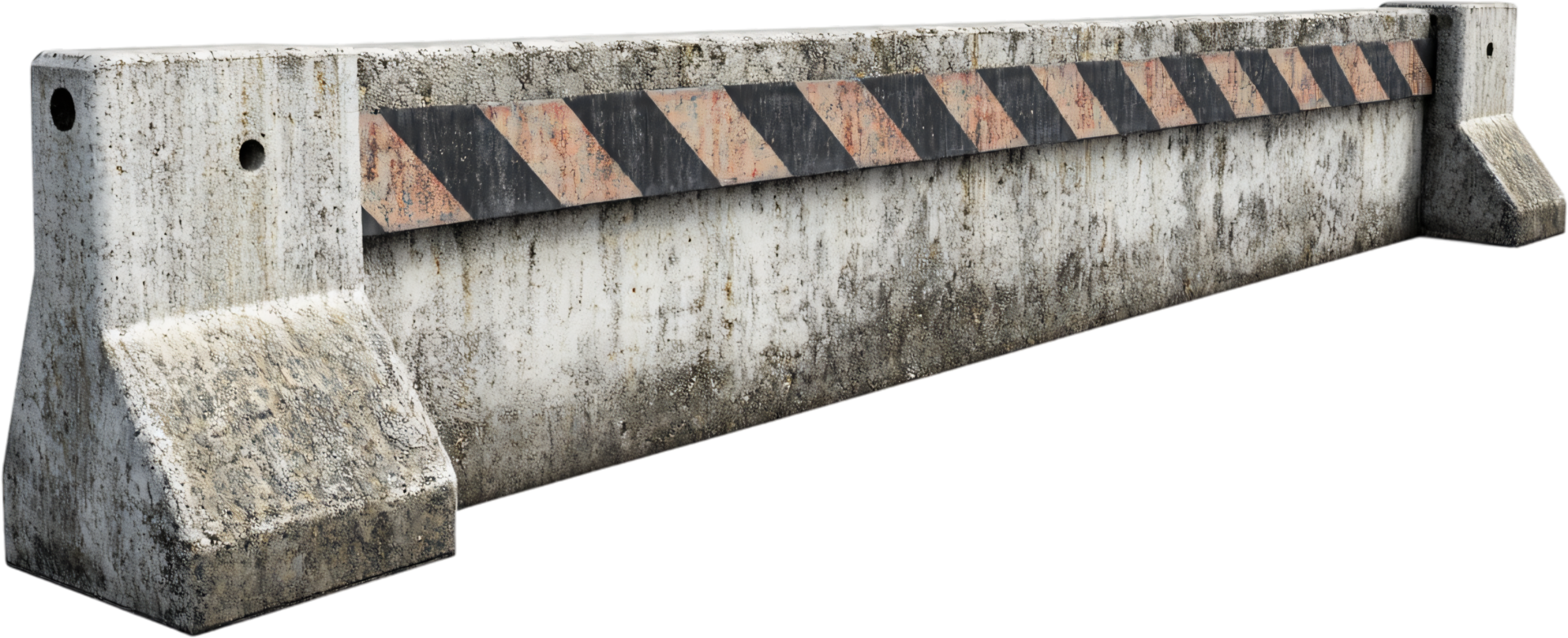 Weathered concrete barrier with black and orange stripes provides safety and traffic management in construction or roadwork areas. png