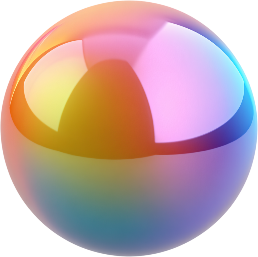 A colorful iridescent orb reflecting light, seamlessly blending hues for a captivating visual effect against a solid background. png