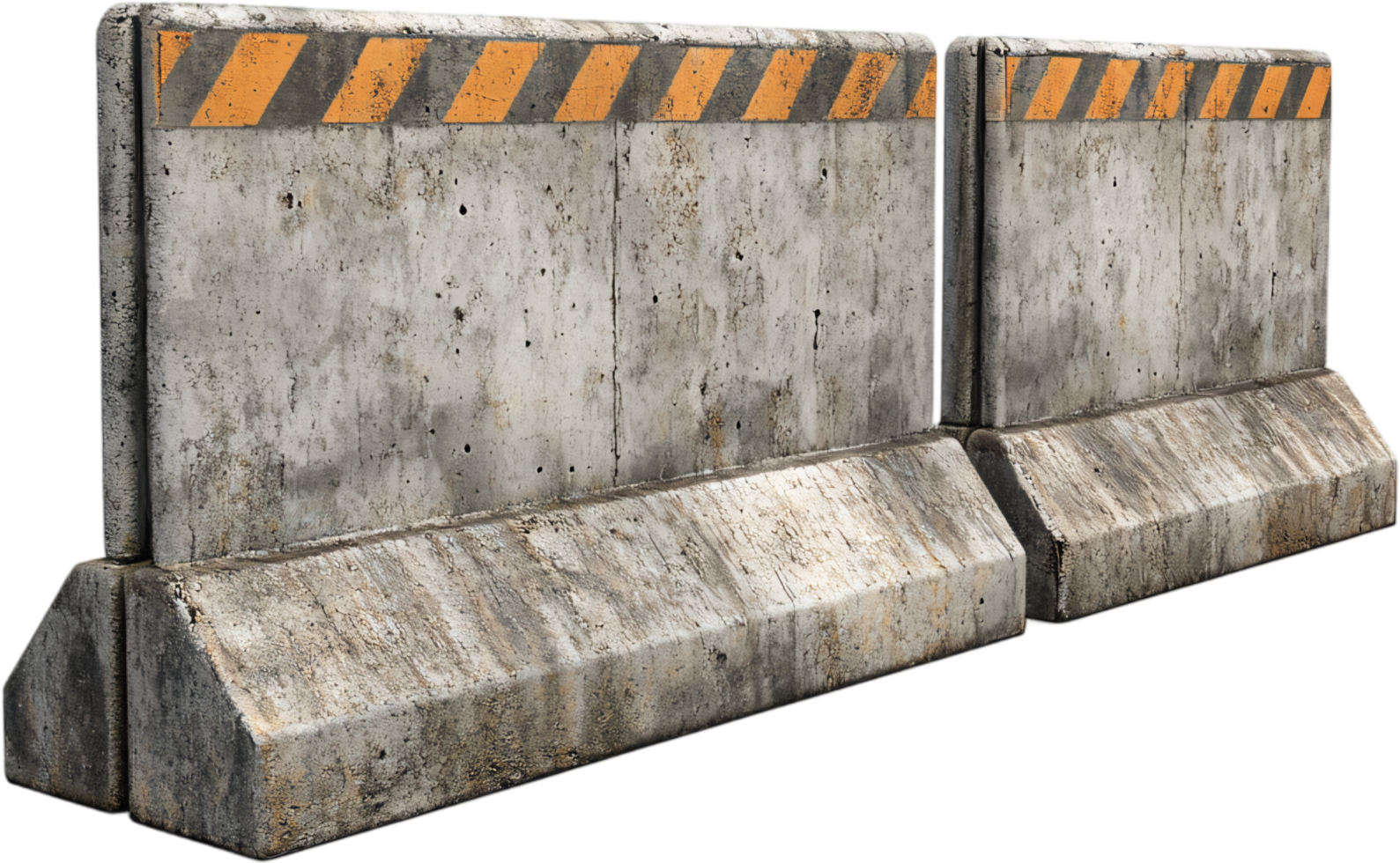 Concrete safety barriers with yellow and gray stripes prevent accidents in construction zones with clear delineation and high visibility. png