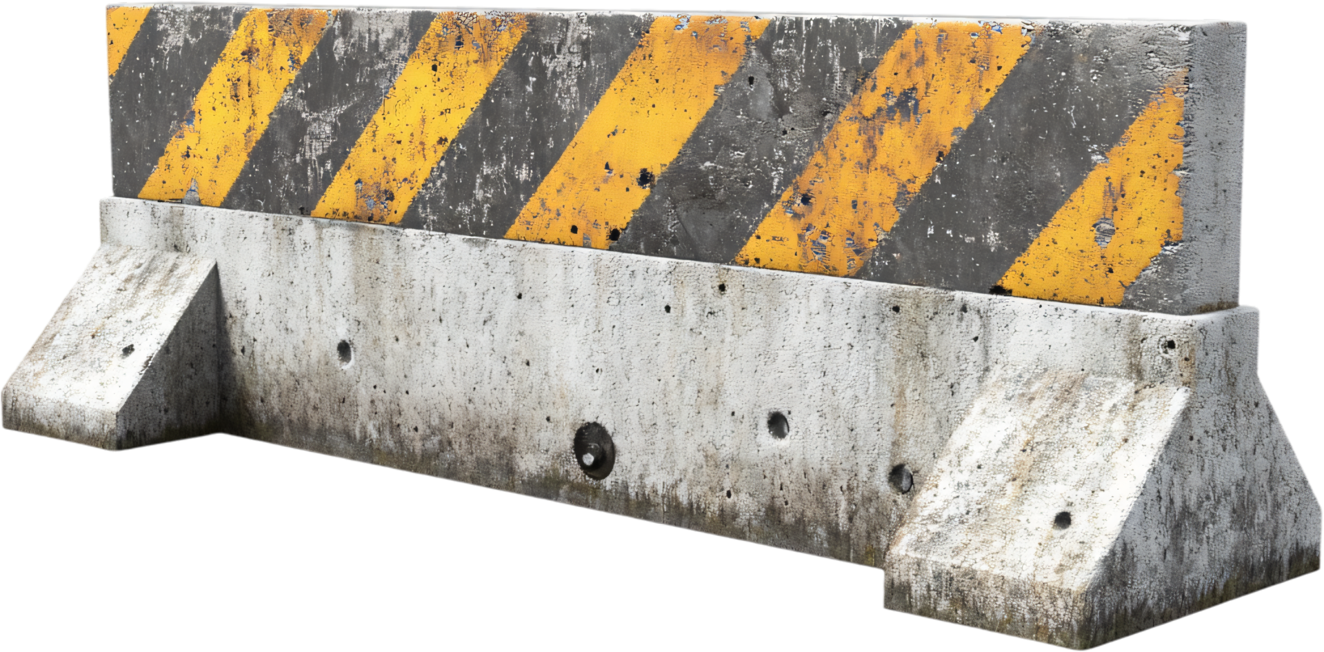 Weathered concrete barrier with warning stripes indicates restricted access, detour, or construction zones. Safety markings provide visibility. png