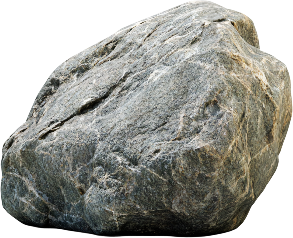 A weathered rock, showcasing textures and shades of gray, beige, and blue. Its rugged surface tells a tale of time and the elements. png